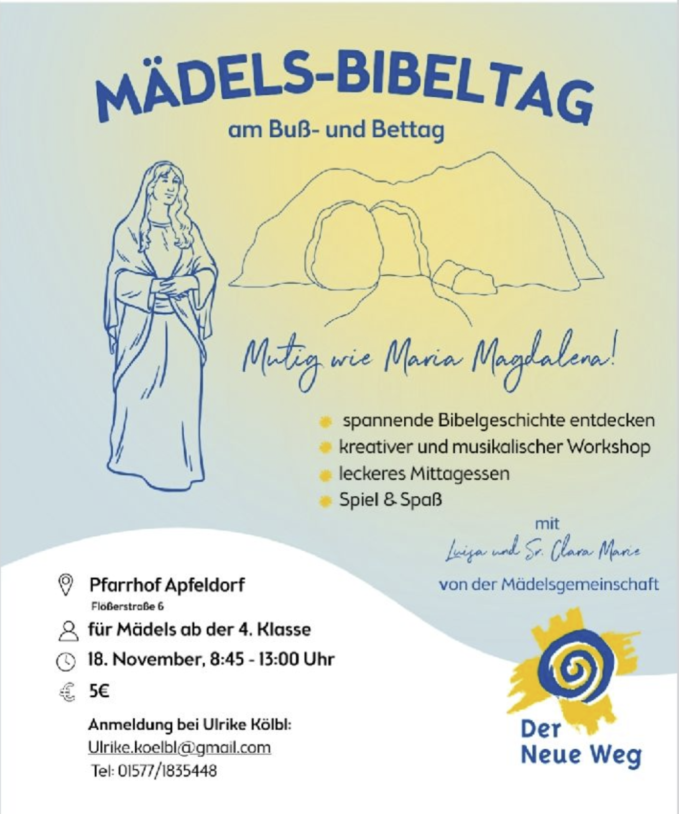 Mädels-Bibeltag am Buß- und Bettag im Pfarrhof Apfeldorf mit Workshops und Spielen für Mädchen ab der 4. Klasse.